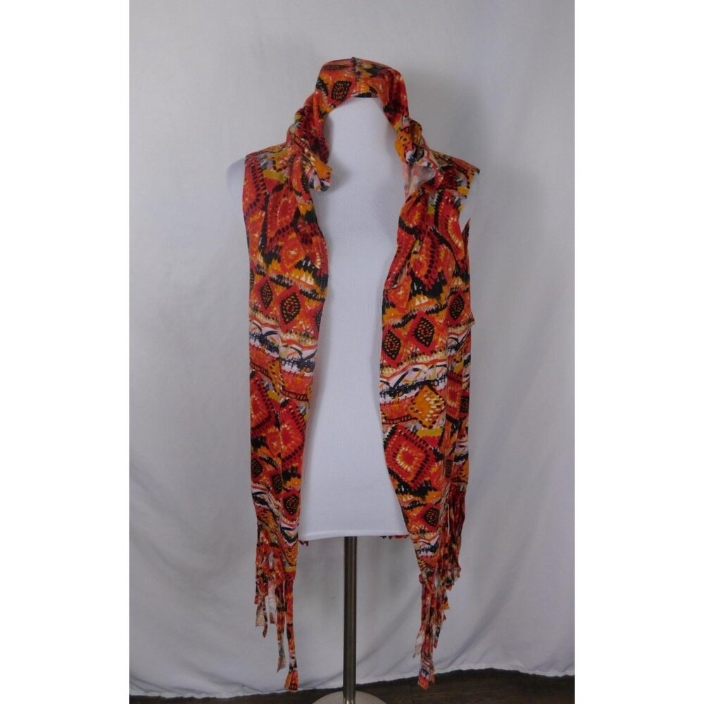 Bohemian Fringe Hooded Vest 1X By Llave Red & Orange Geometric Pattern